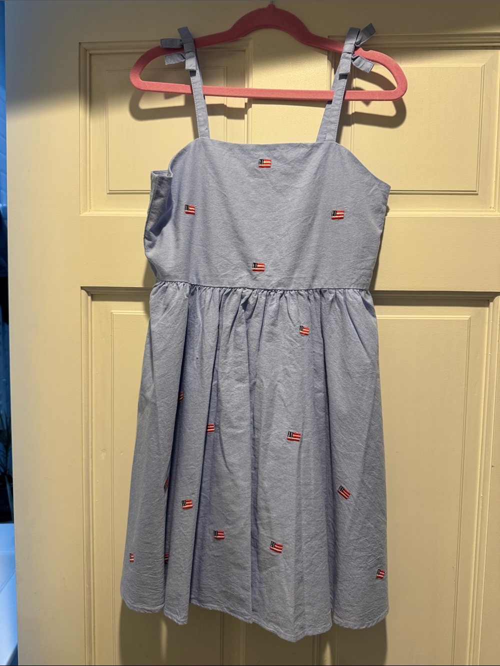 Janie and Jack Light Blue Embroidered Flag Sundress with Tie Straps